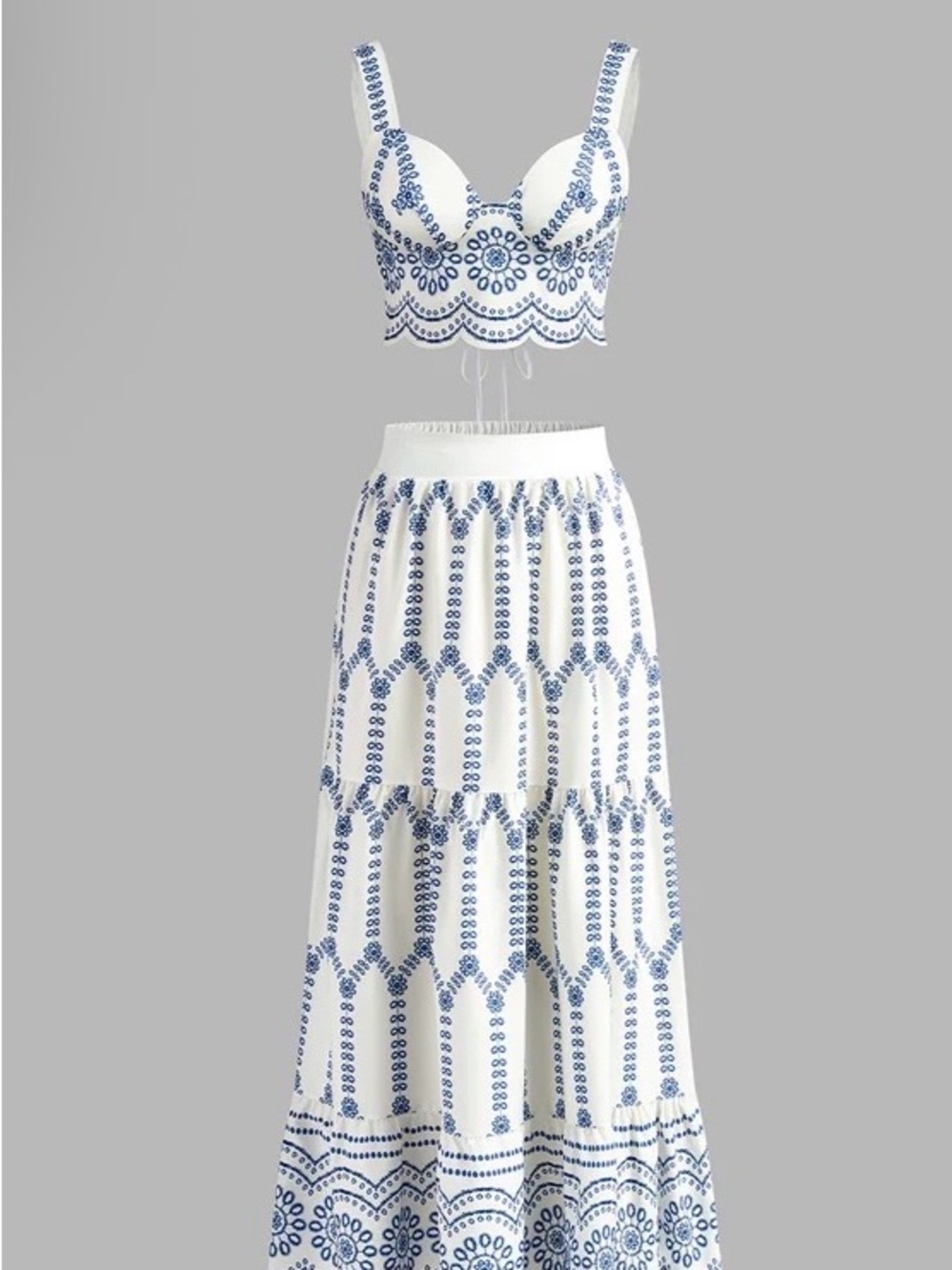 Commense White Maxi Skirt with Blue Embroidery